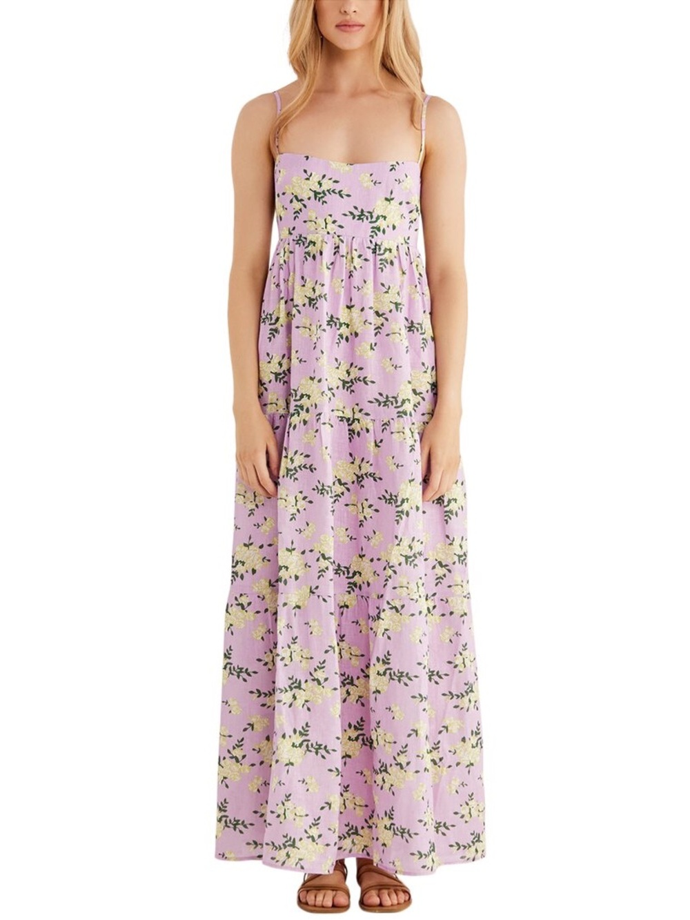 Rumer Lilac Floral Linen Maxi Sundress with Spaghetti Straps